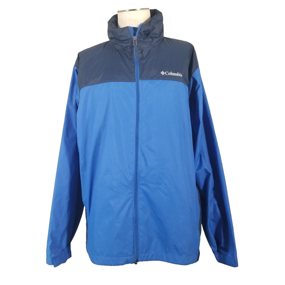 Columbia Jacket Windbreaker Mens XL Full Zip Hood Blue Nylon Rain Packable - Picture 1 of 14